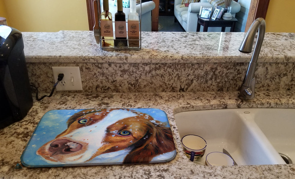 Snow Baby Brittany Spaniel Dish Drying Mat Absorbent Dish Drying Mat Pad for Kitchen Counter Dish Drainer Mat for Countertop, 14 x 21", Multicolor