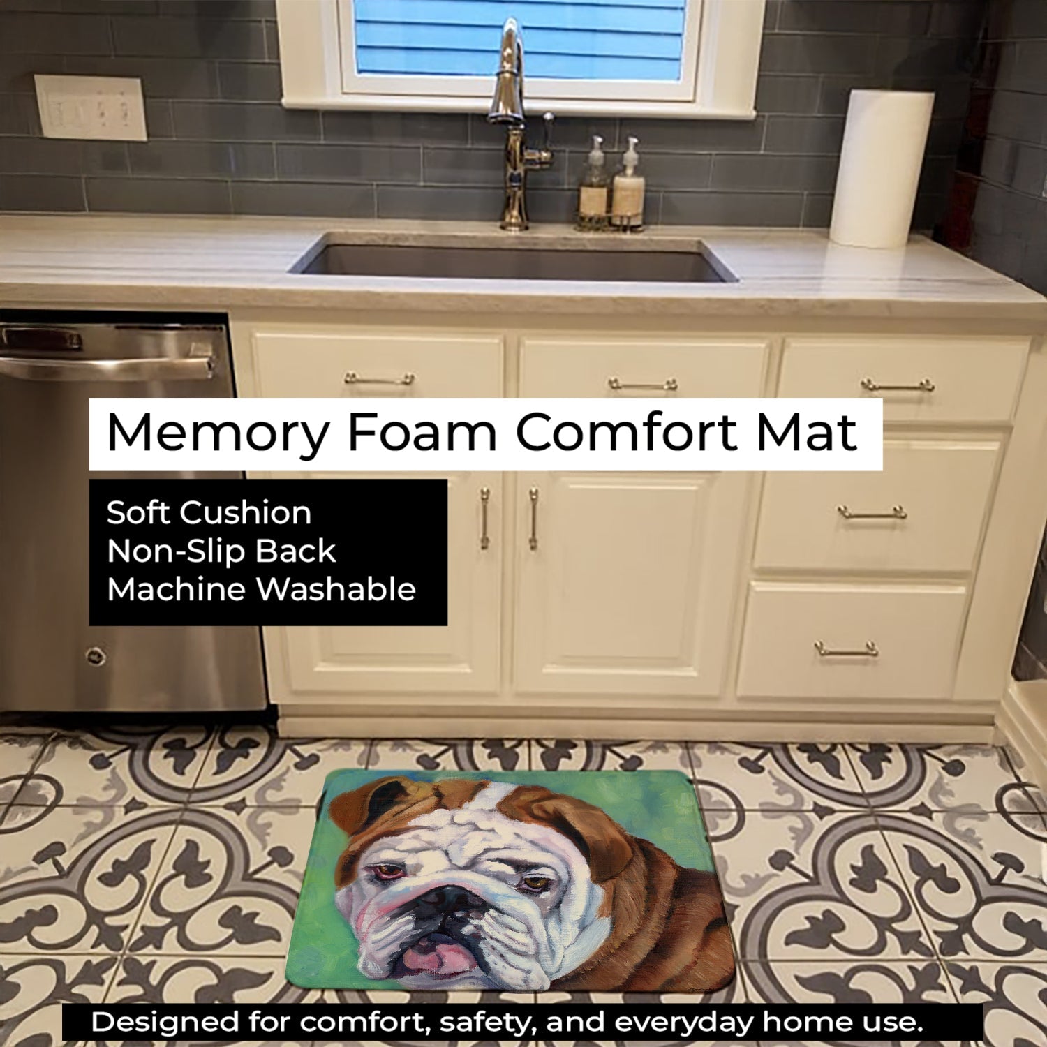 Admiral the English Bulldog Memory Foam Kitchen Mat Machine Washable Anti-Fatigue Cushion Comfort Bath or Kitchen Rug