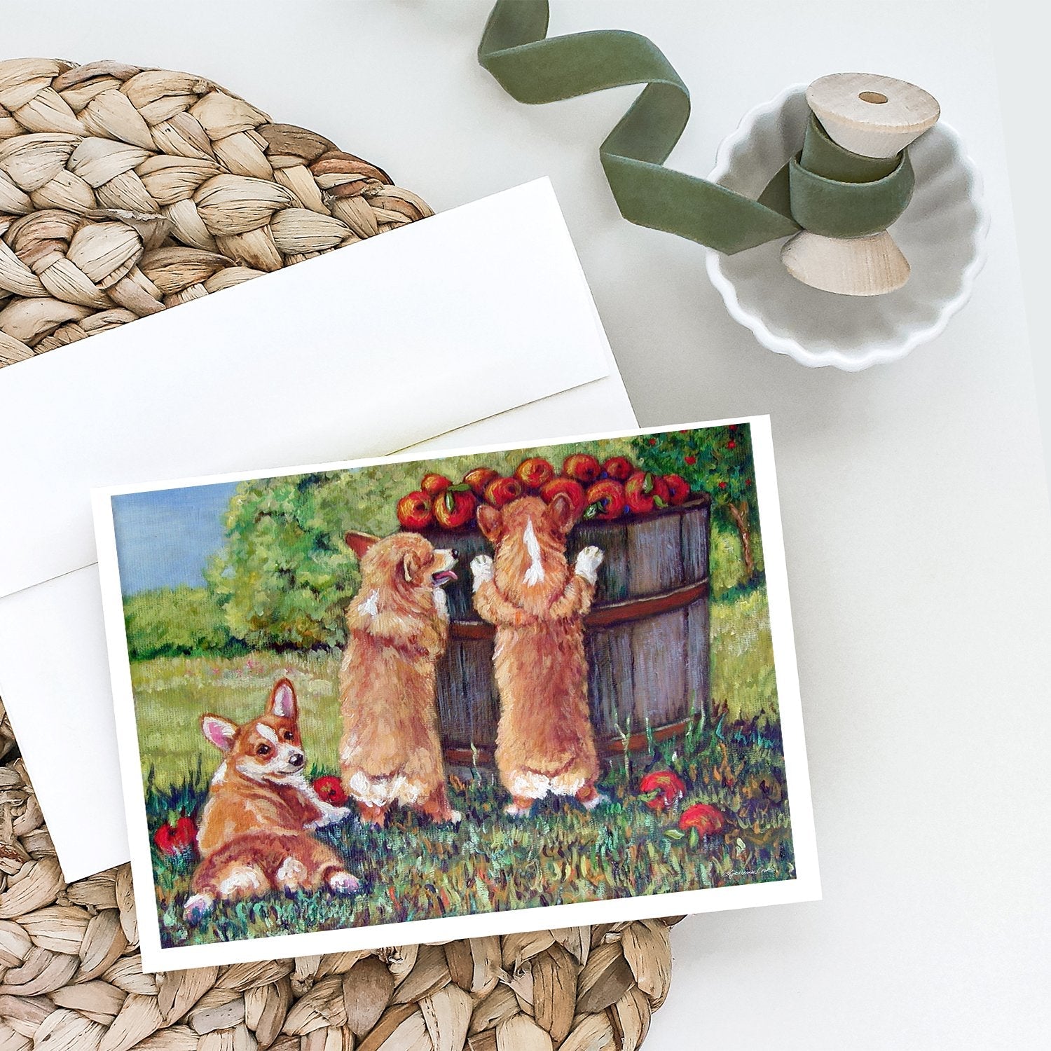 Apple Helper Corgis Greeting Cards Pack of 8 Blank Cards with Envelopes Whimsical A7 Size 5x7