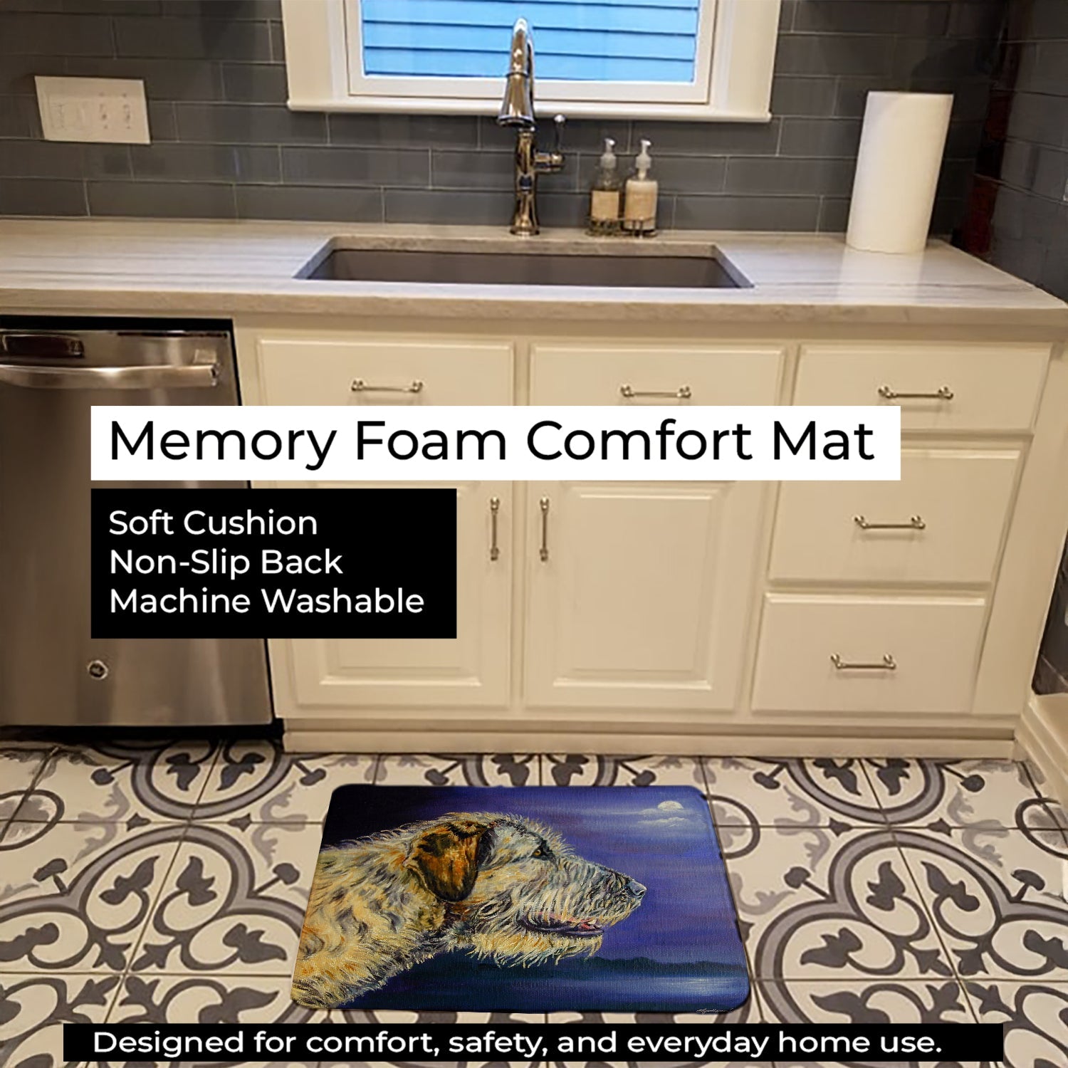 Irish Wolfhound Looking Memory Foam Kitchen Mat Machine Washable Anti-Fatigue Cushion Comfort Bath or Kitchen Rug
