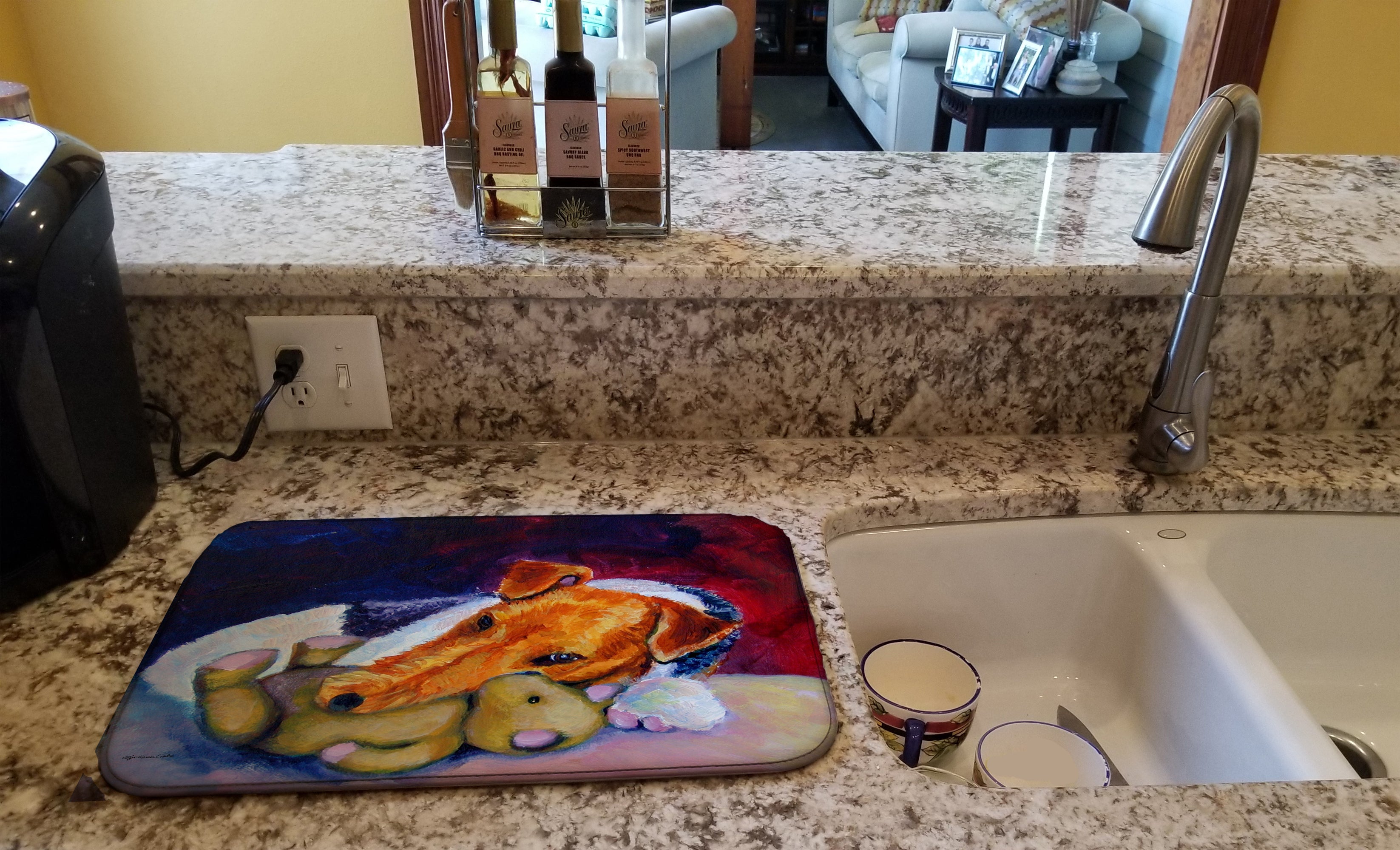 Fox Terrier and Teddy Bear Dish Drying Mat Absorbent Dish Drying Mat Pad for Kitchen Counter Dish Drainer Mat for Countertop, 14 x 21", Multicolor