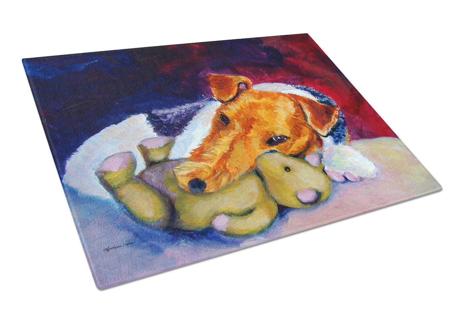 Fox Terrier and Teddy Bear Cutting Board Tempered Glass Kitchen Cutting Surface, Heat Resistant Chopping, Non-Slip Feet, Food Prep & Serving