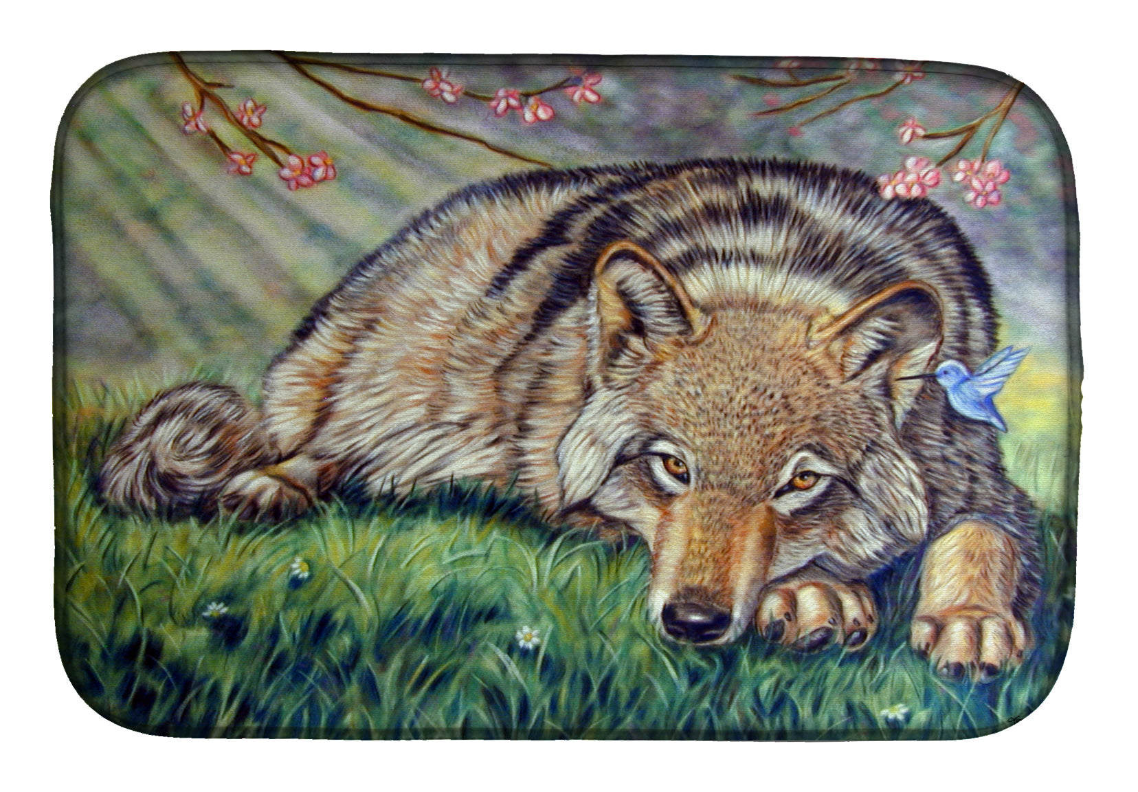Wolf and Hummingbird Dish Drying Mat Absorbent Dish Drying Mat Pad for Kitchen Counter Dish Drainer Mat for Countertop, 14 x 21", Multicolor