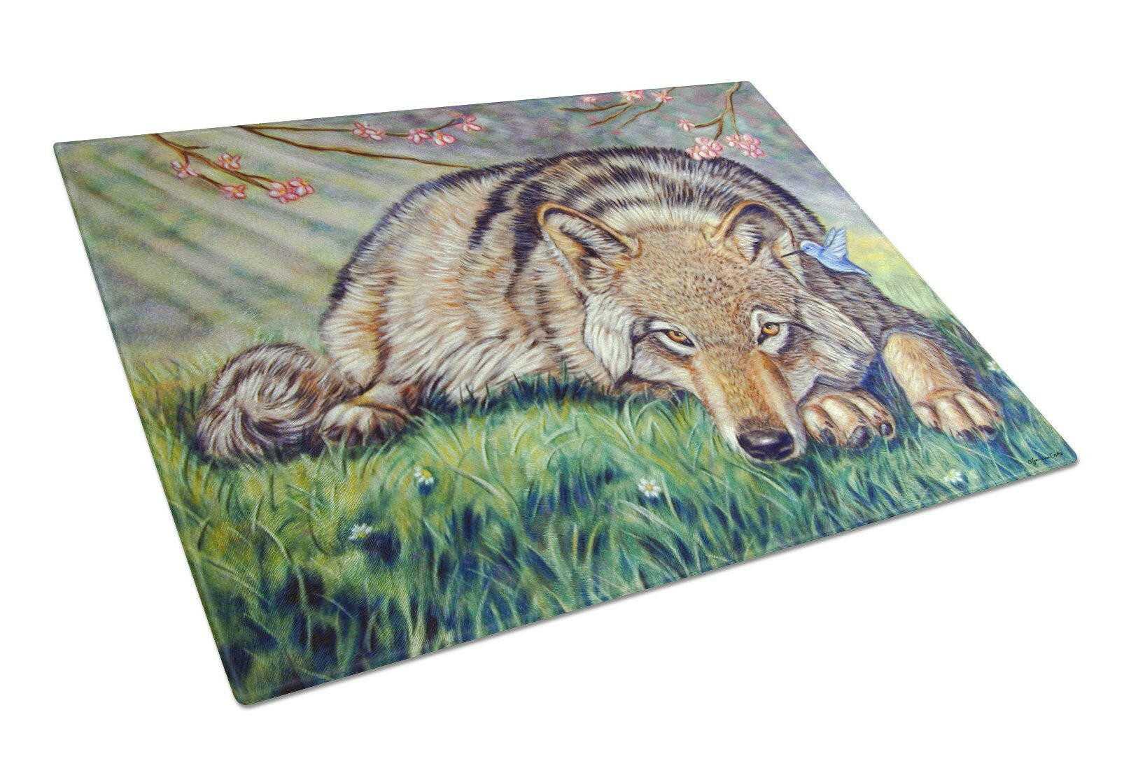 Wolf and Hummingbird Cutting Board Tempered Glass Kitchen Cutting Surface, Heat Resistant Chopping, Non-Slip Feet, Food Prep & Serving