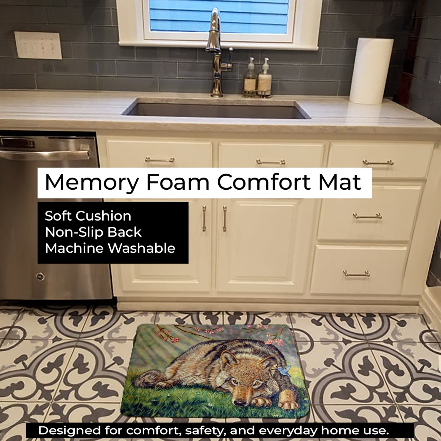 Wolf and Hummingbird Memory Foam Kitchen Mat Machine Washable Anti-Fatigue Cushion Comfort Bath or Kitchen Rug