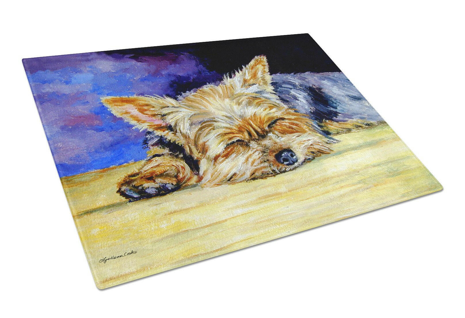 Yorkie Taking a Nap Cutting Board Tempered Glass Kitchen Cutting Surface, Heat Resistant Chopping, Non-Slip Feet, Food Prep & Serving