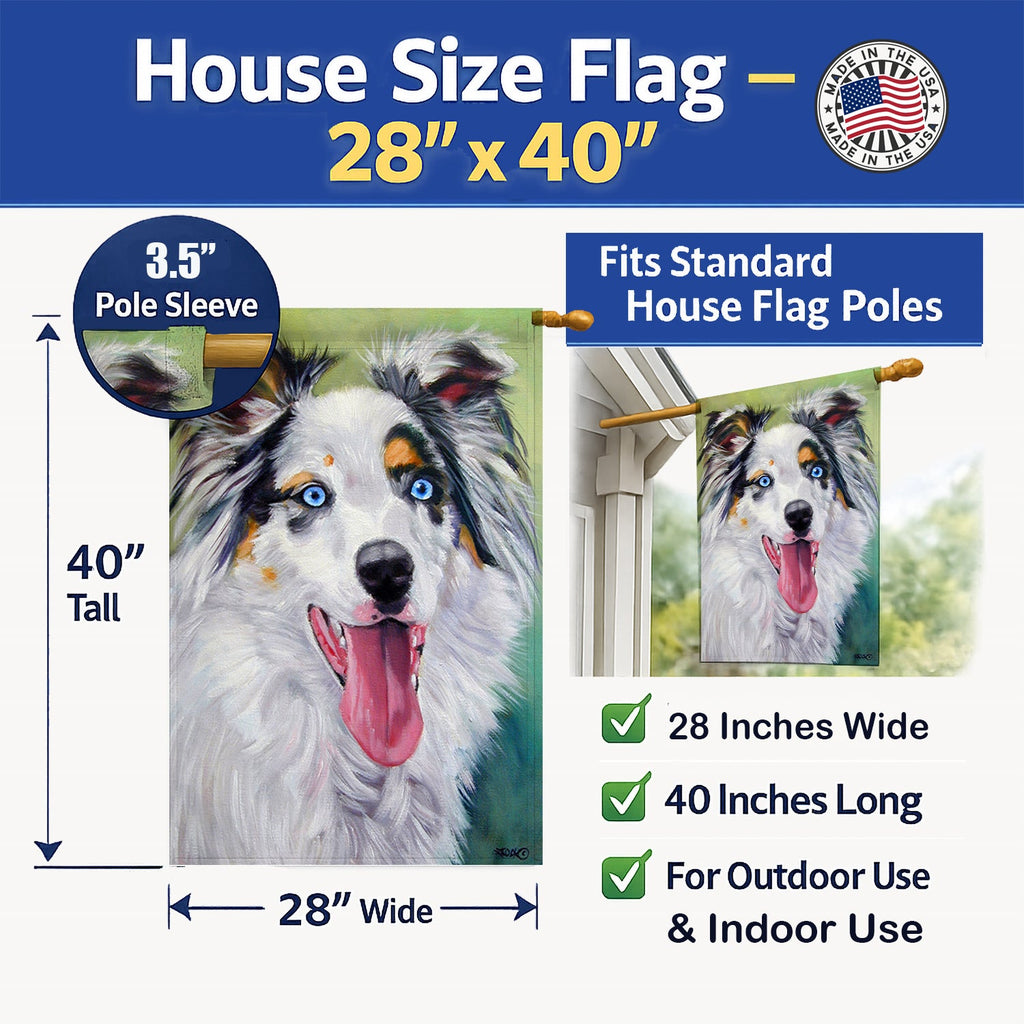 Australian Shepherd Blue Eyes House Flag 28x40 Porch Sleeve Pole Decorative Outside Yard Banner Artwork Wall Hanging, Polyester