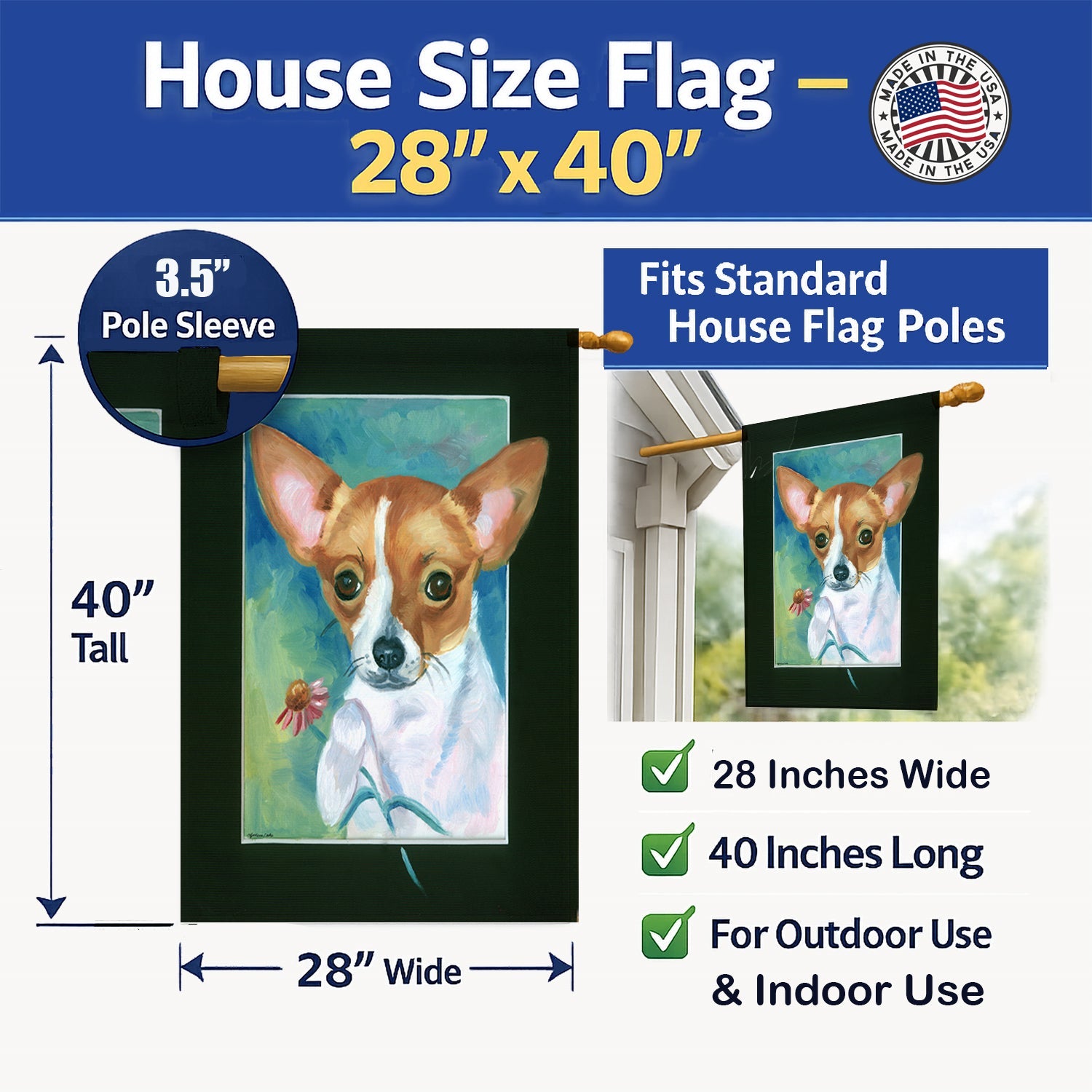 Chihuahua and Daisy House Flag 28x40 Porch Sleeve Pole Decorative Outside Yard Banner Artwork Wall Hanging, Polyester