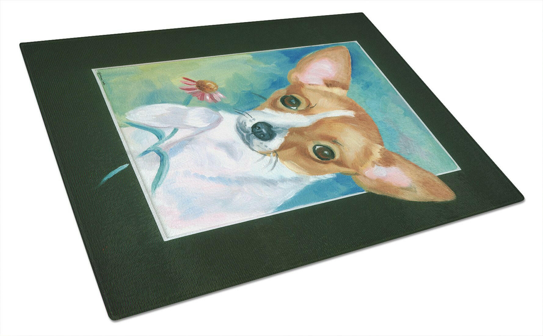 Chihuahua and Daisy Cutting Board Tempered Glass Kitchen Cutting Surface, Heat Resistant Chopping, Non-Slip Feet, Food Prep & Serving