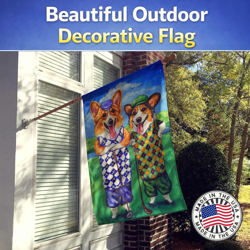 Corgi Golfers House Flag 28x40 Porch Sleeve Pole Decorative Outside Yard Banner Artwork Wall Hanging, Polyester