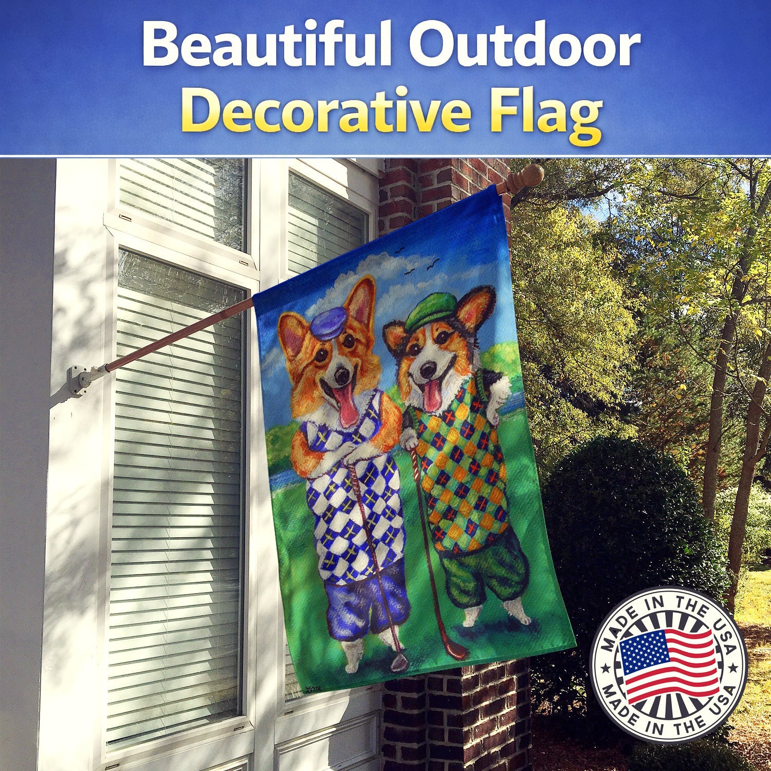 Corgi Golfers House Flag 28x40 Porch Sleeve Pole Decorative Outside Yard Banner Artwork Wall Hanging, Polyester