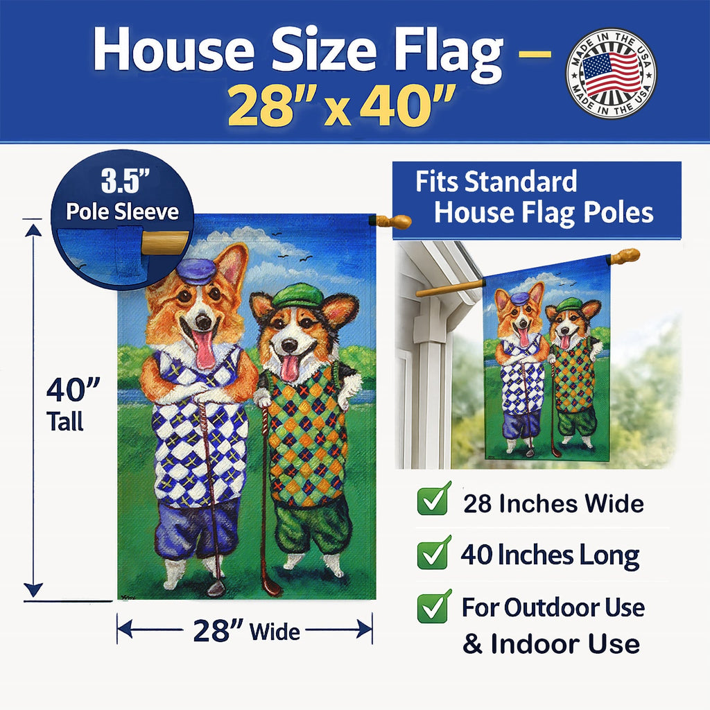 Corgi Golfers House Flag 28x40 Porch Sleeve Pole Decorative Outside Yard Banner Artwork Wall Hanging, Polyester
