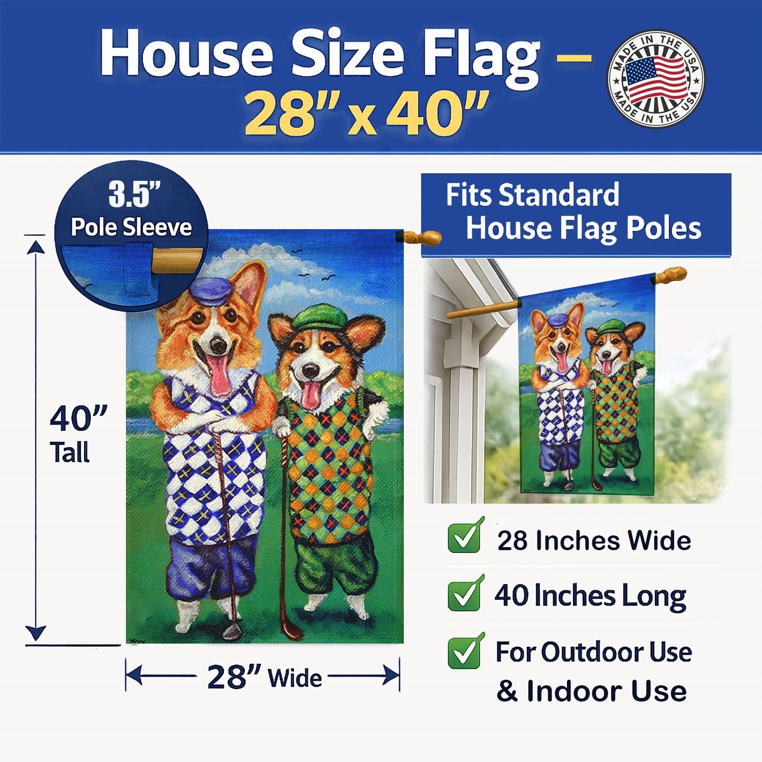 Corgi Golfers House Flag 28x40 Porch Sleeve Pole Decorative Outside Yard Banner Artwork Wall Hanging, Polyester