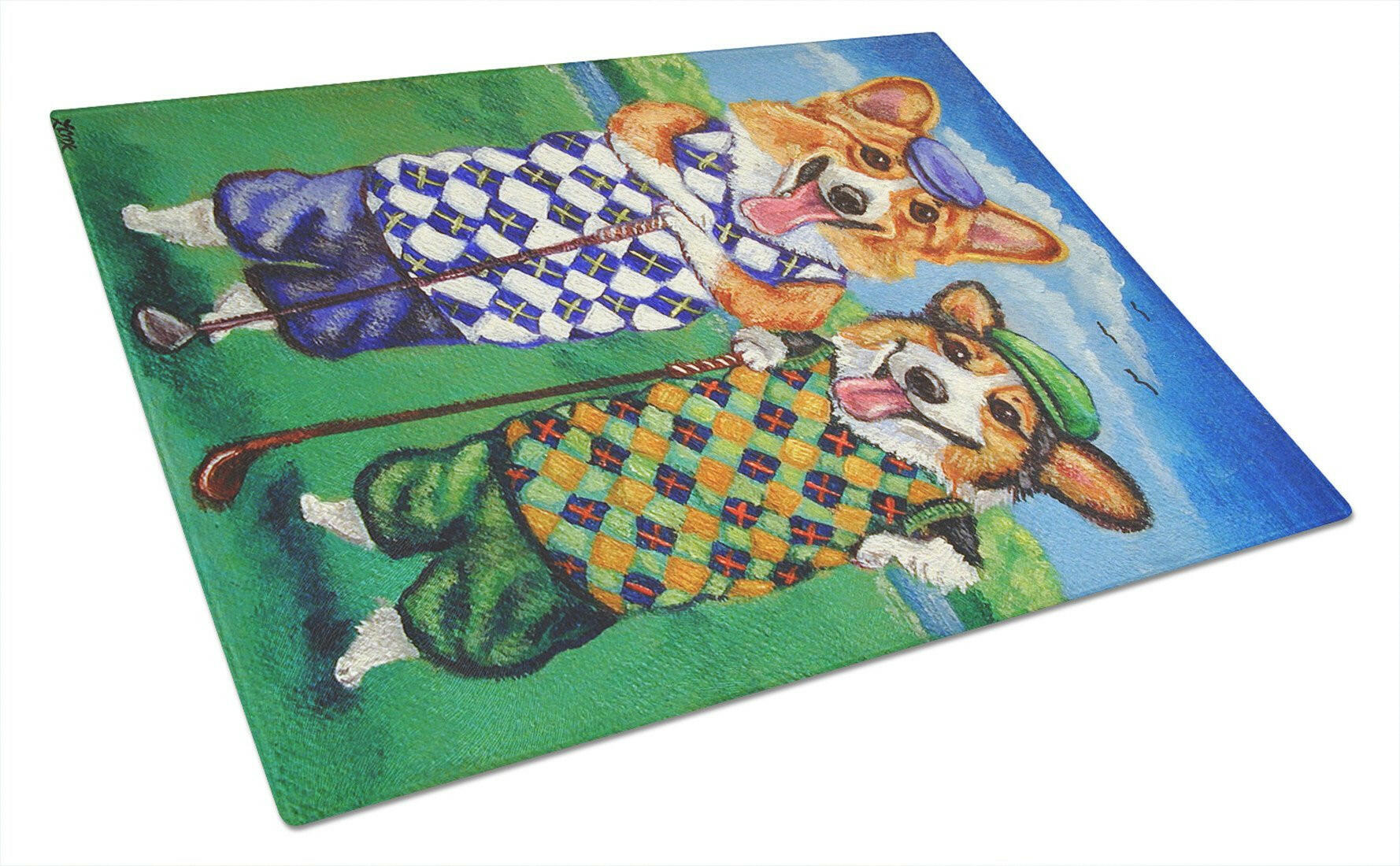 Corgi Golfers Cutting Board Tempered Glass Kitchen Cutting Surface, Heat Resistant Chopping, Non-Slip Feet, Food Prep & Serving