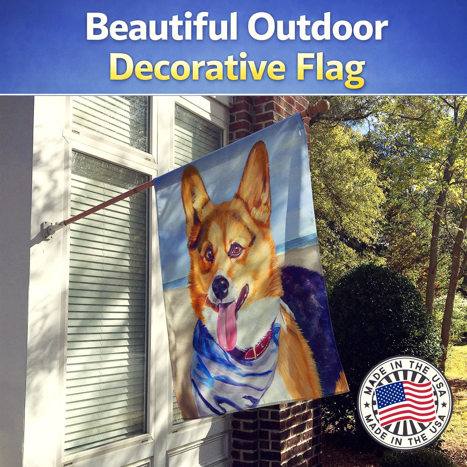 Corgi Beach Bandana House Flag 28x40 Porch Sleeve Pole Decorative Outside Yard Banner Artwork Wall Hanging, Polyester