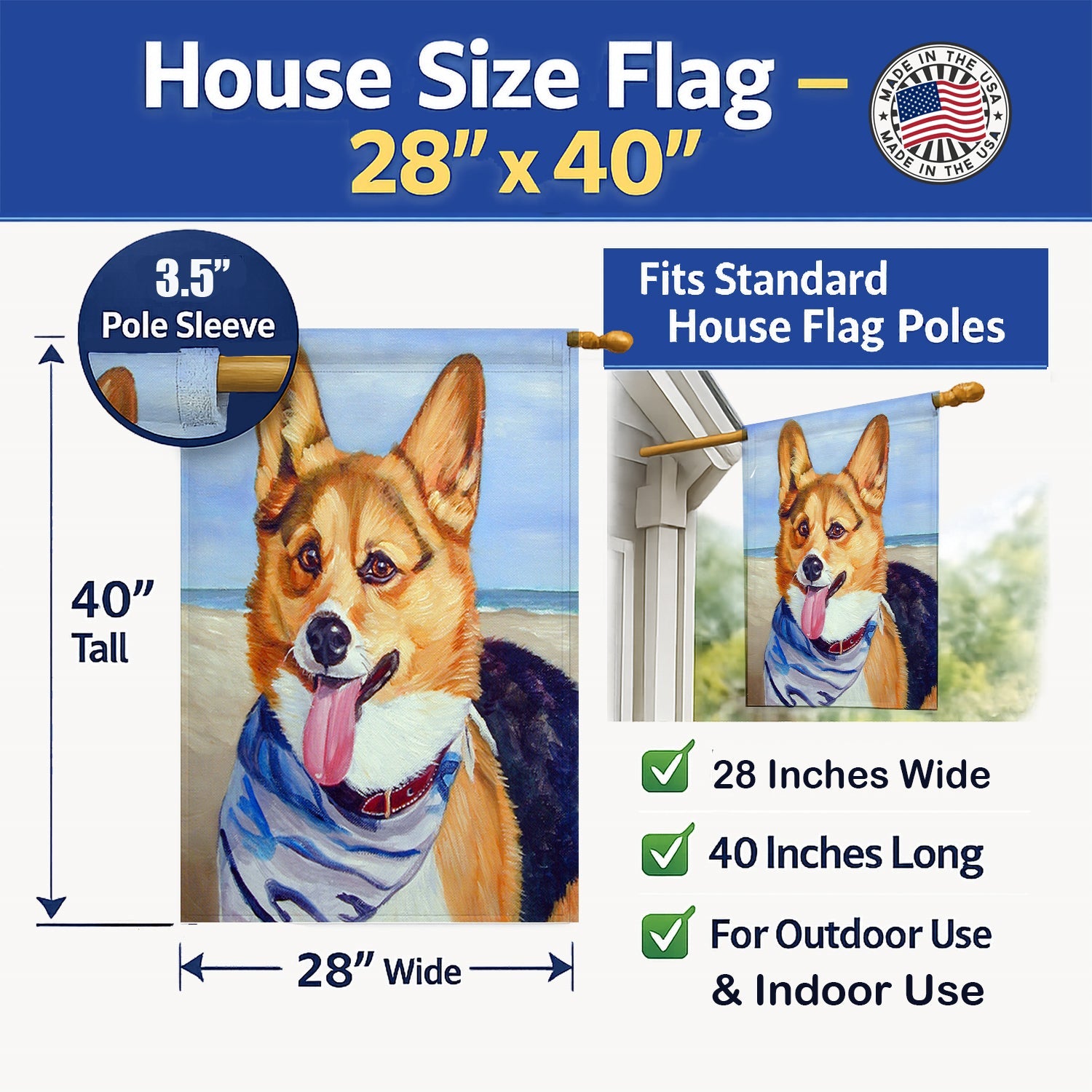Corgi Beach Bandana House Flag 28x40 Porch Sleeve Pole Decorative Outside Yard Banner Artwork Wall Hanging, Polyester