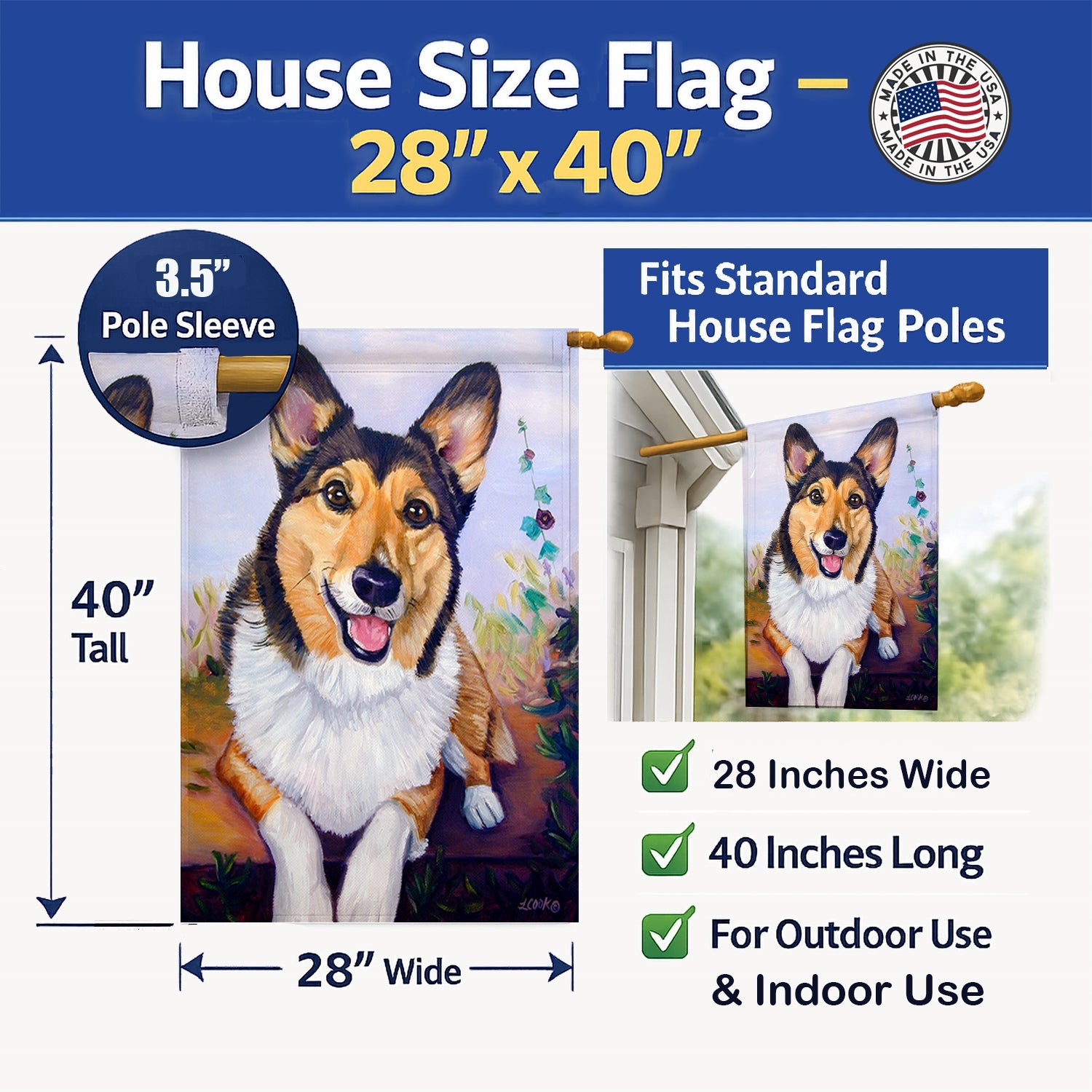 Pembroke Corgi Waiting House Flag 28x40 Porch Sleeve Pole Decorative Outside Yard Banner Artwork Wall Hanging, Polyester