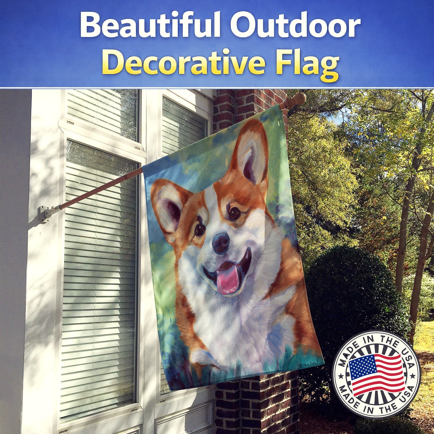 Pembroke Corgi Happy Face House Flag 28x40 Porch Sleeve Pole Decorative Outside Yard Banner Artwork Wall Hanging, Polyester