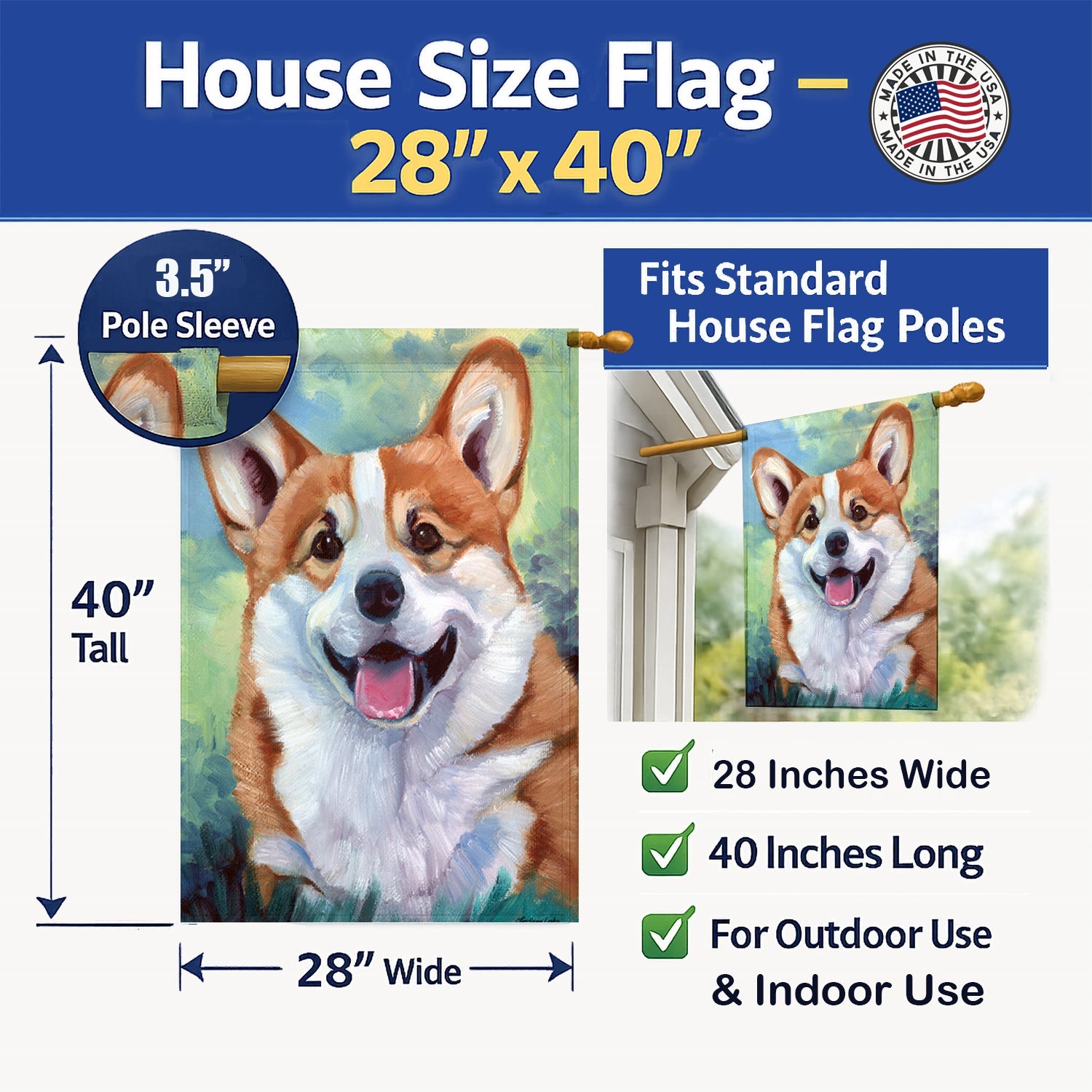 Pembroke Corgi Happy Face House Flag 28x40 Porch Sleeve Pole Decorative Outside Yard Banner Artwork Wall Hanging, Polyester