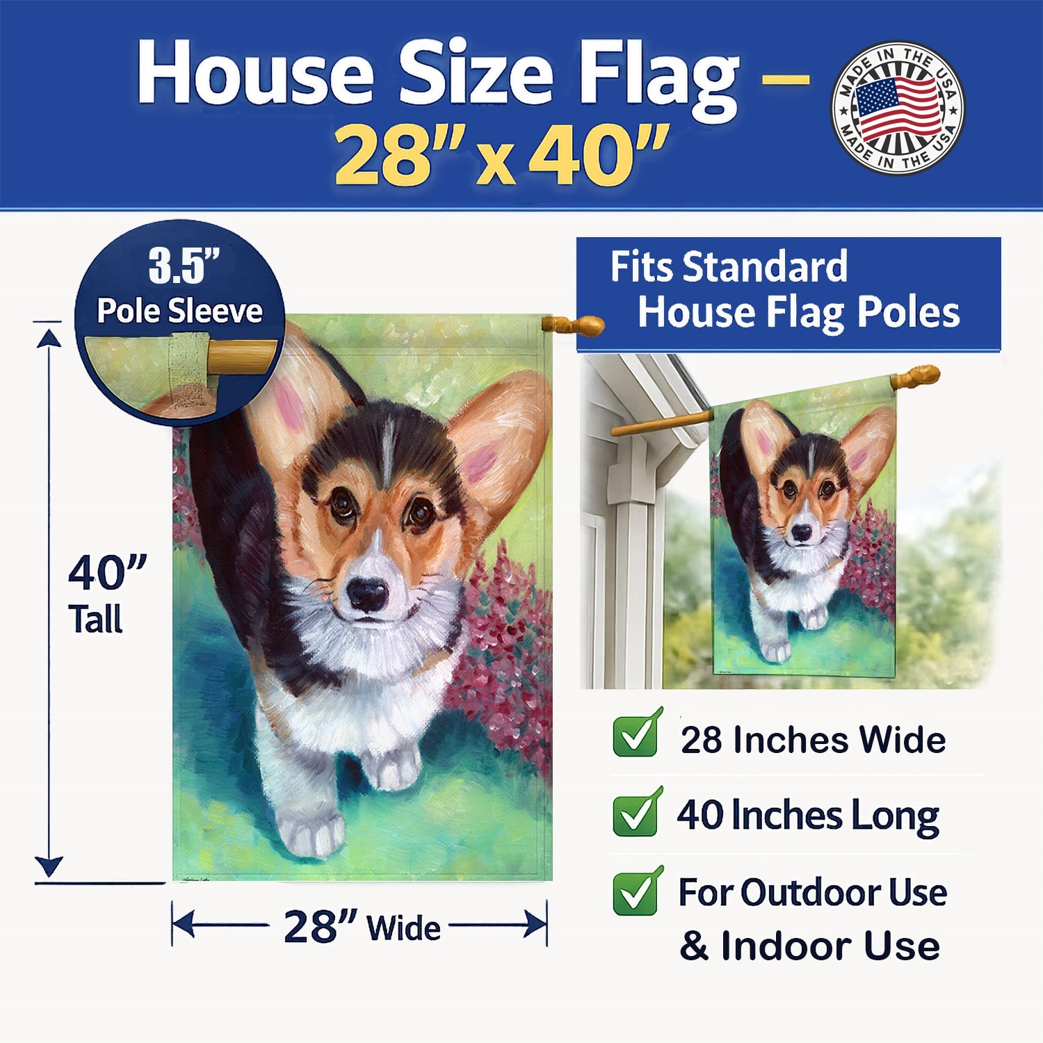 Pembroke Corgi Puppy House Flag 28x40 Porch Sleeve Pole Decorative Outside Yard Banner Artwork Wall Hanging, Polyester