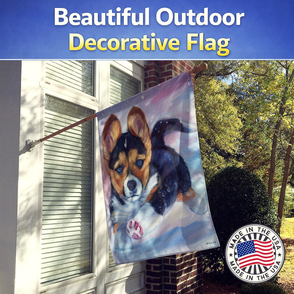 Puppy Chase Corgi House Flag 28x40 Porch Sleeve Pole Decorative Outside Yard Banner Artwork Wall Hanging, Polyester