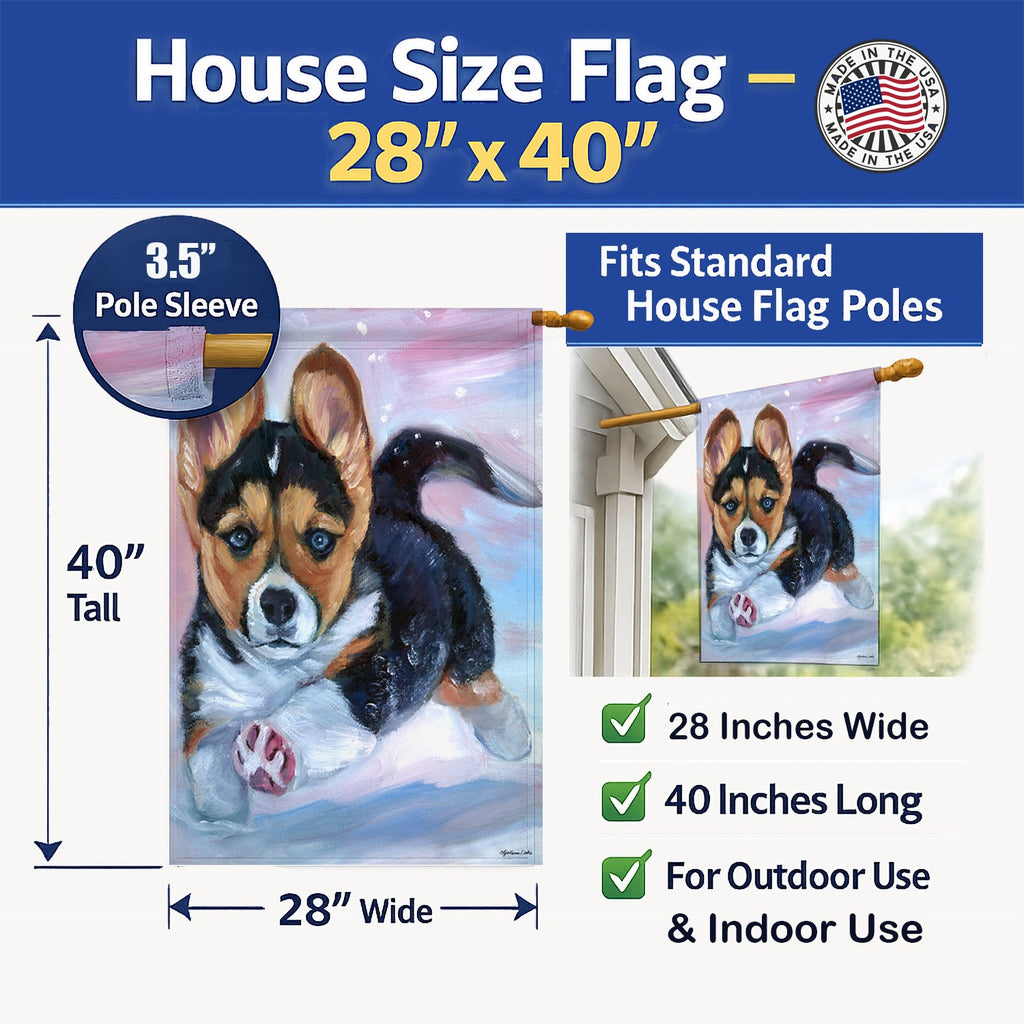 Puppy Chase Corgi House Flag 28x40 Porch Sleeve Pole Decorative Outside Yard Banner Artwork Wall Hanging, Polyester