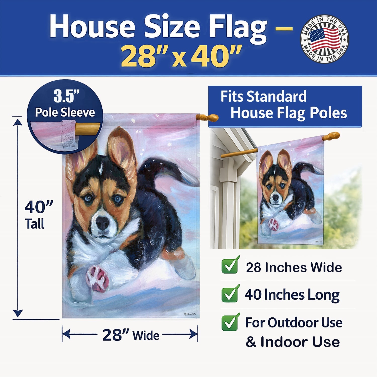 Puppy Chase Corgi House Flag 28x40 Porch Sleeve Pole Decorative Outside Yard Banner Artwork Wall Hanging, Polyester