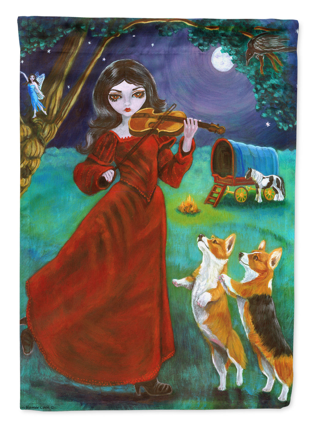 Fairy Moon Dance with Corgi House Flag 28x40 Porch Sleeve Pole Decorative Outside Yard Banner Artwork Wall Hanging, Polyester