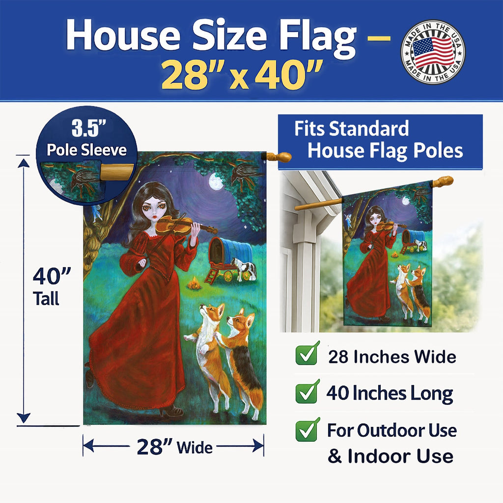 Fairy Moon Dance with Corgi House Flag 28x40 Porch Sleeve Pole Decorative Outside Yard Banner Artwork Wall Hanging, Polyester