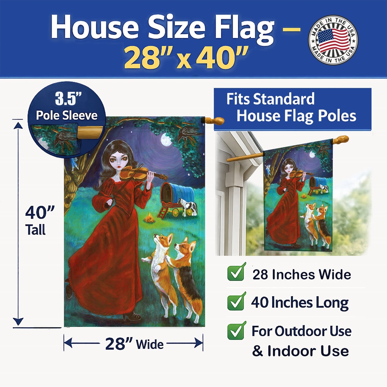 Fairy Moon Dance with Corgi House Flag 28x40 Porch Sleeve Pole Decorative Outside Yard Banner Artwork Wall Hanging, Polyester