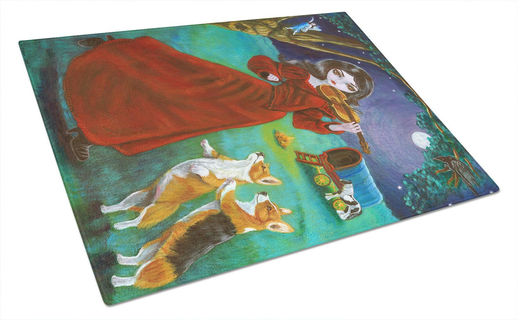Fairy Moon Dance with Corgi Cutting Board Tempered Glass Kitchen Cutting Surface, Heat Resistant Chopping, Non-Slip Feet, Food Prep & Serving