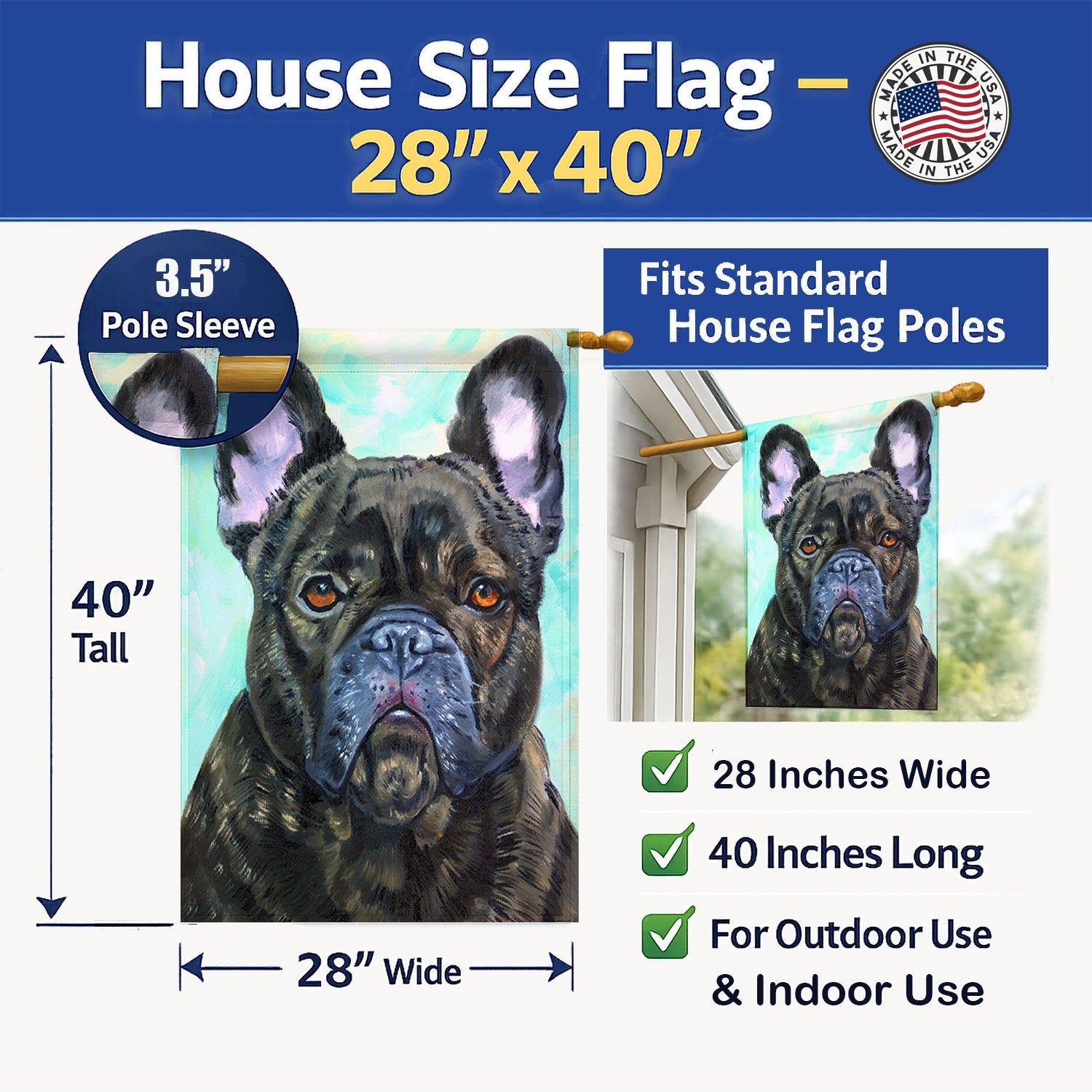 French Bulldog Lookin at You House Flag 28x40 Porch Sleeve Pole Decorative Outside Yard Banner Artwork Wall Hanging, Polyester