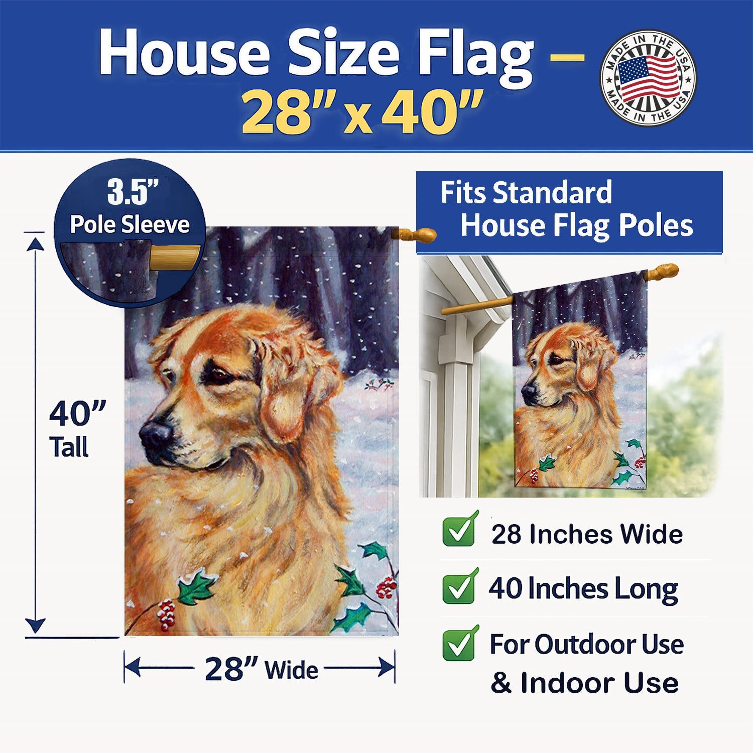 Golden Retriver Holly House Flag 28x40 Porch Sleeve Pole Decorative Outside Yard Banner Artwork Wall Hanging, Polyester