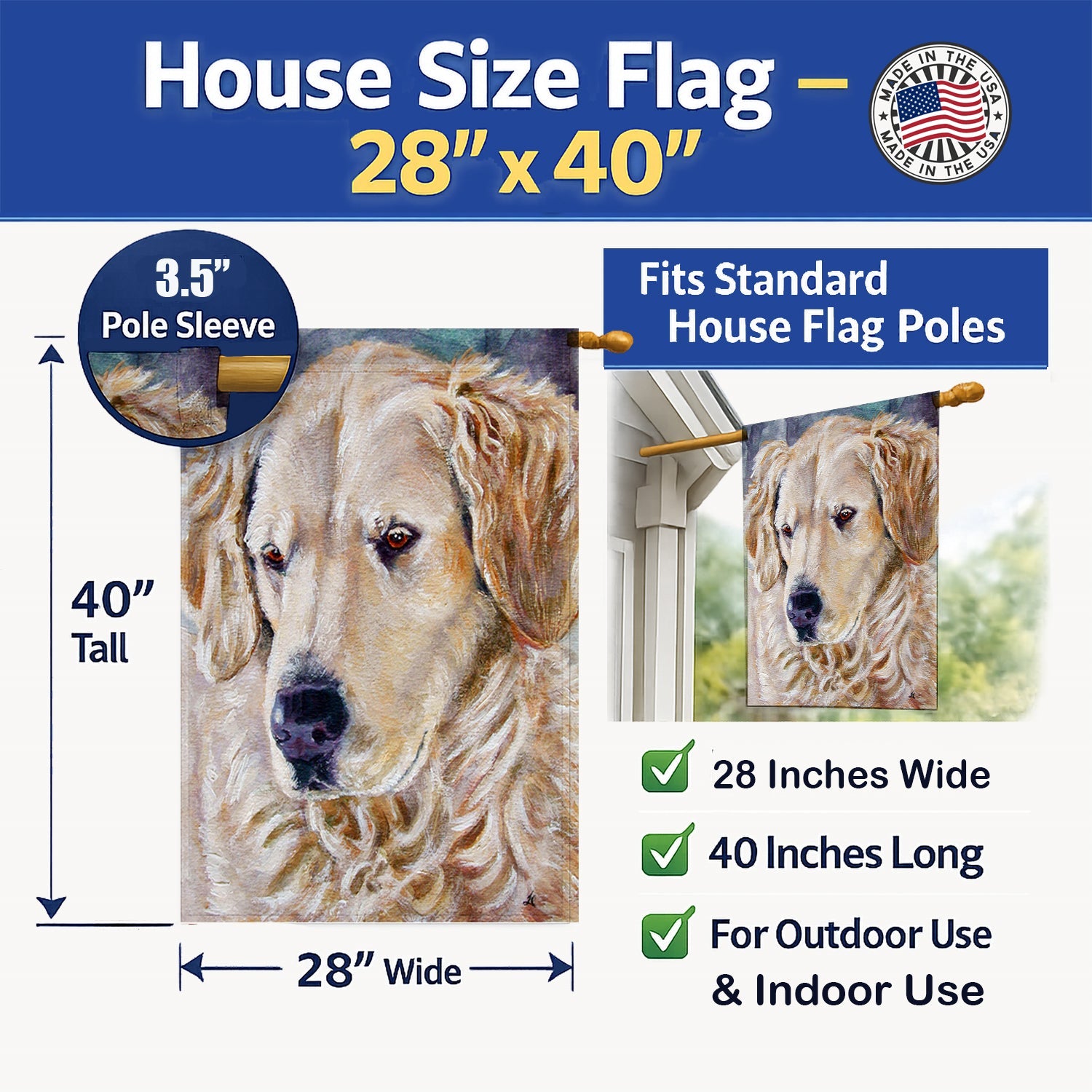 Golden Retriver Contemplation House Flag 28x40 Porch Sleeve Pole Decorative Outside Yard Banner Artwork Wall Hanging, Polyester