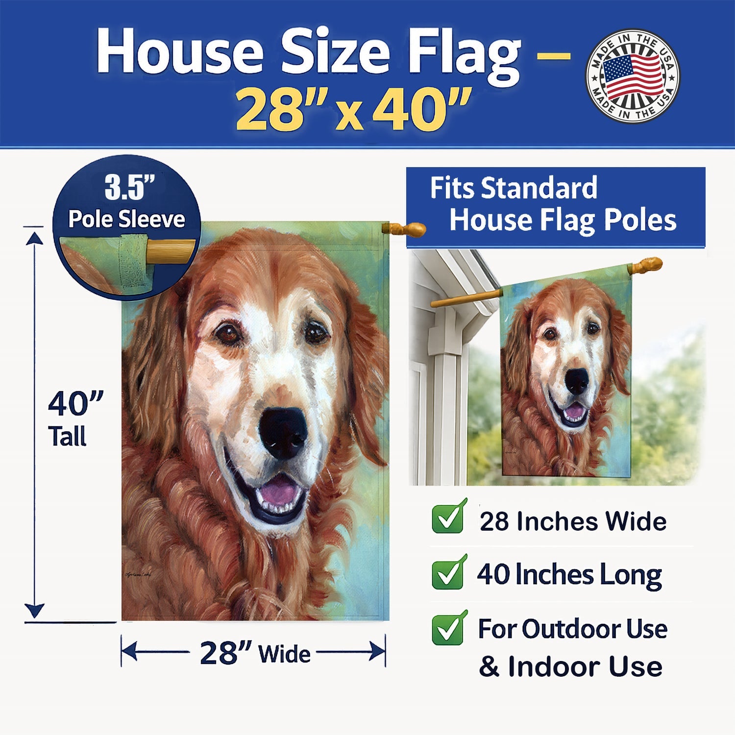 Golden Retriver Good Boy House Flag 28x40 Porch Sleeve Pole Decorative Outside Yard Banner Artwork Wall Hanging, Polyester