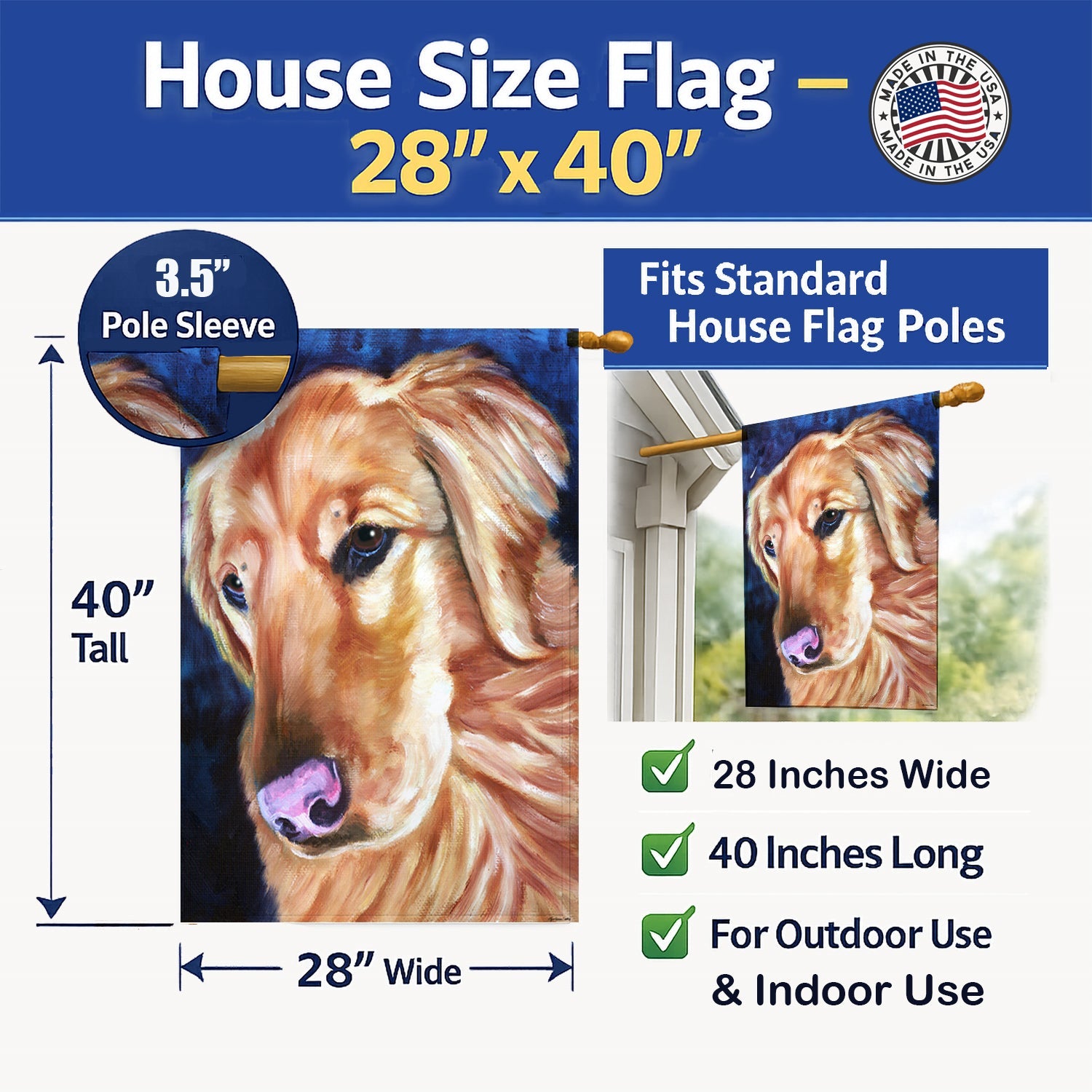 Golden Retriver Huh House Flag 28x40 Porch Sleeve Pole Decorative Outside Yard Banner Artwork Wall Hanging, Polyester