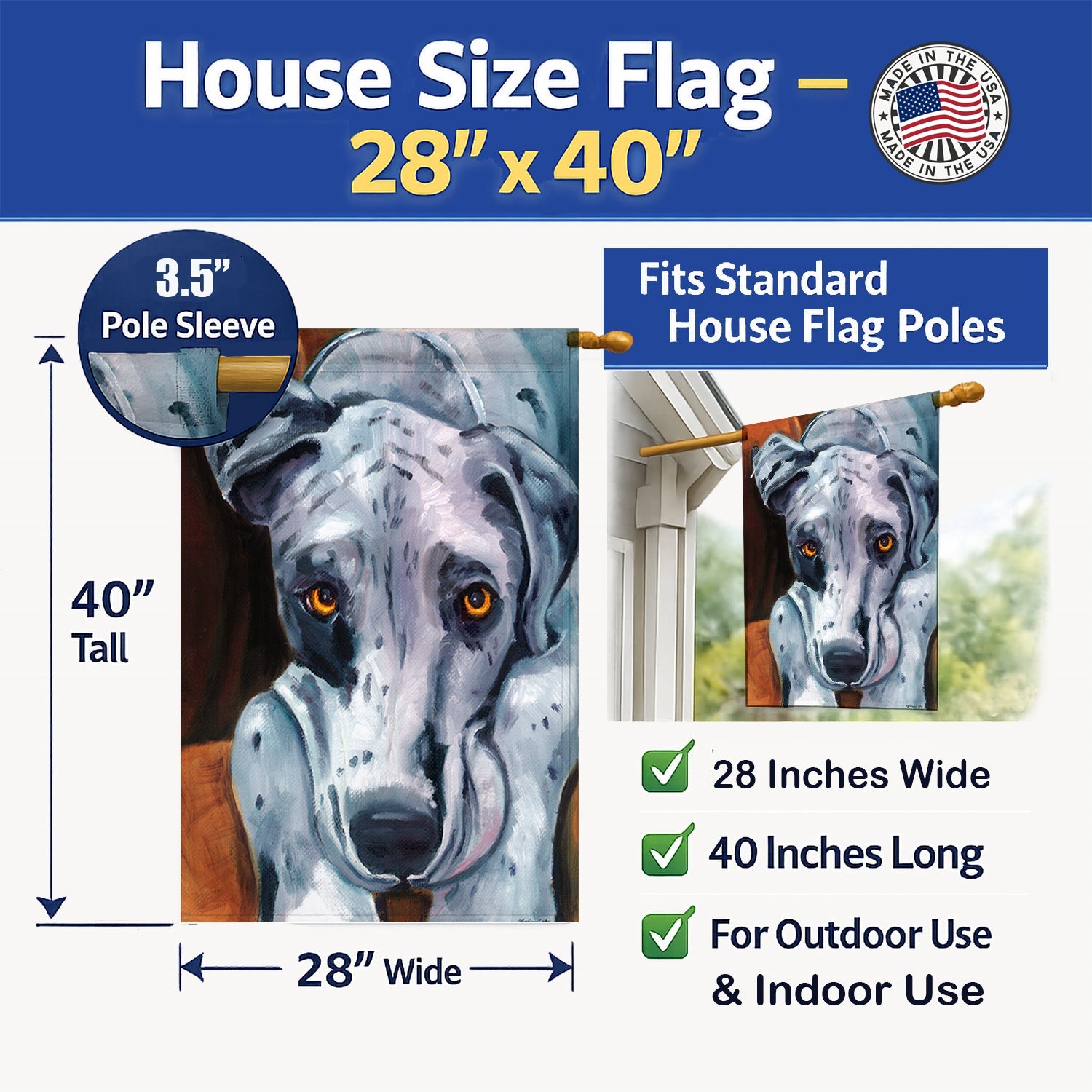 Great Dane Waiting Patiently House Flag 28x40 Porch Sleeve Pole Decorative Outside Yard Banner Artwork Wall Hanging, Polyester