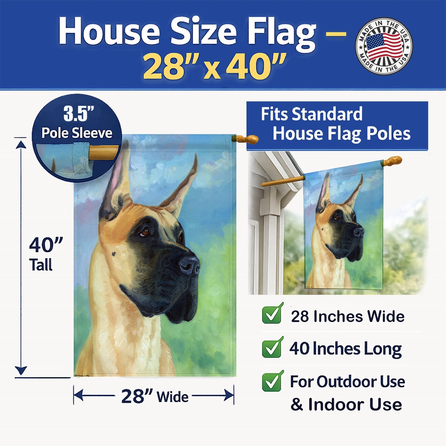 Great Dane Apollo the Great House Flag 28x40 Porch Sleeve Pole Decorative Outside Yard Banner Artwork Wall Hanging, Polyester