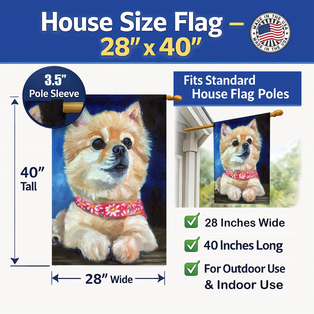 Fancy Bandana Pomeranian Puppy House Flag 28x40 Porch Sleeve Pole Decorative Outside Yard Banner Artwork Wall Hanging, Polyester