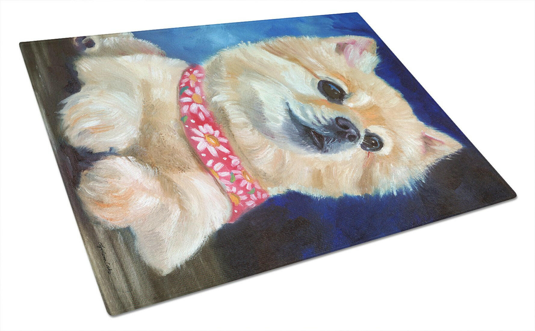 Fancy Bandana Pomeranian Puppy Cutting Board Tempered Glass Kitchen Cutting Surface, Heat Resistant Chopping, Non-Slip Feet, Food Prep & Serving