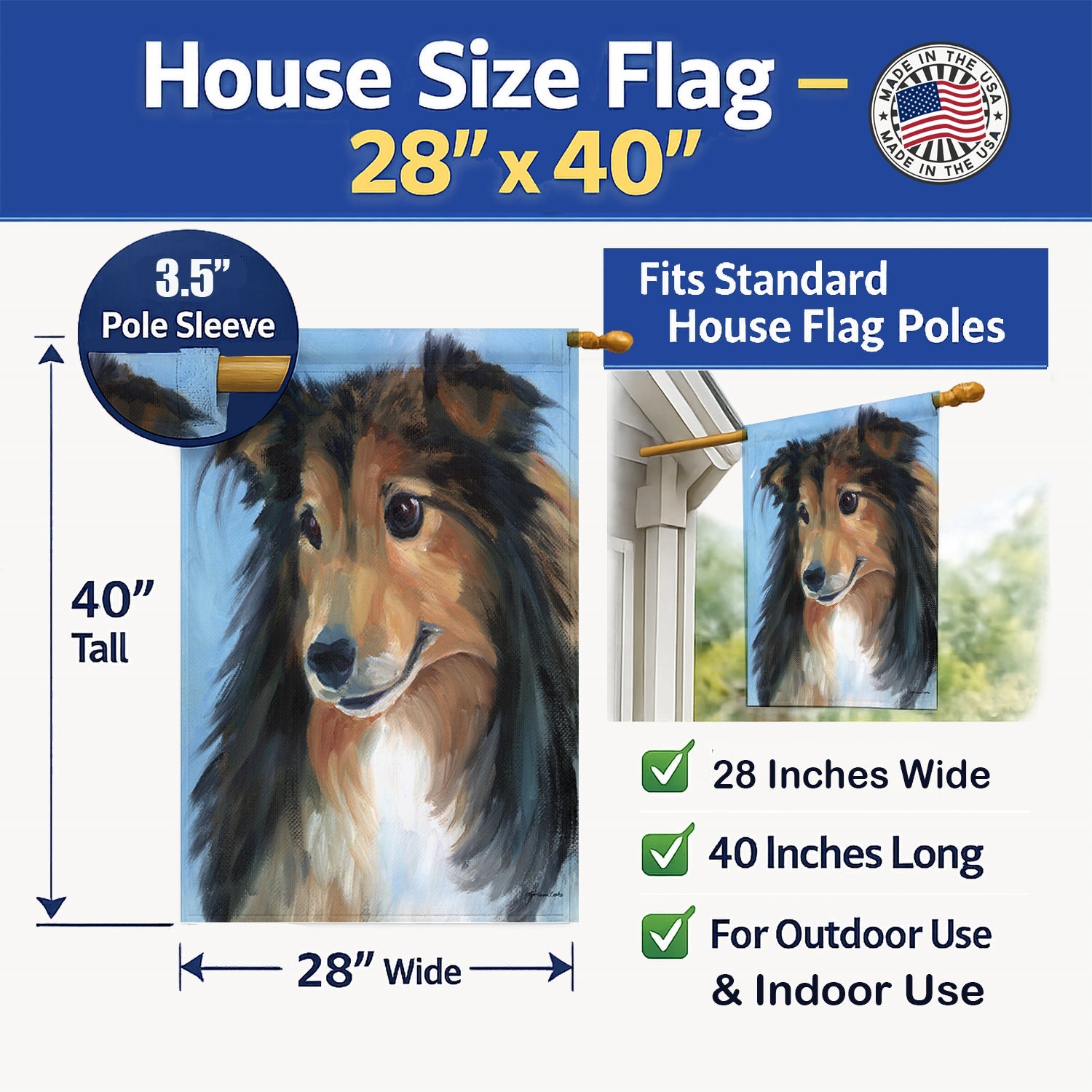 Sheltie Good Boy House Flag 28x40 Porch Sleeve Pole Decorative Outside Yard Banner Artwork Wall Hanging, Polyester