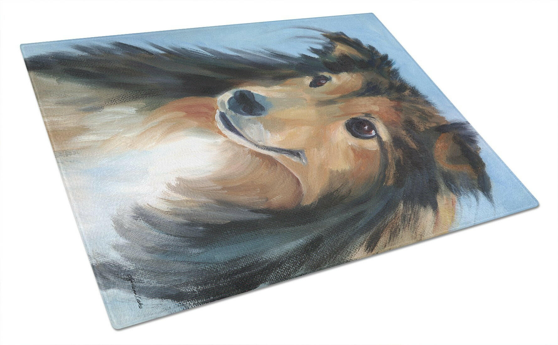 Sheltie Good Boy Cutting Board Tempered Glass Kitchen Cutting Surface, Heat Resistant Chopping, Non-Slip Feet, Food Prep & Serving