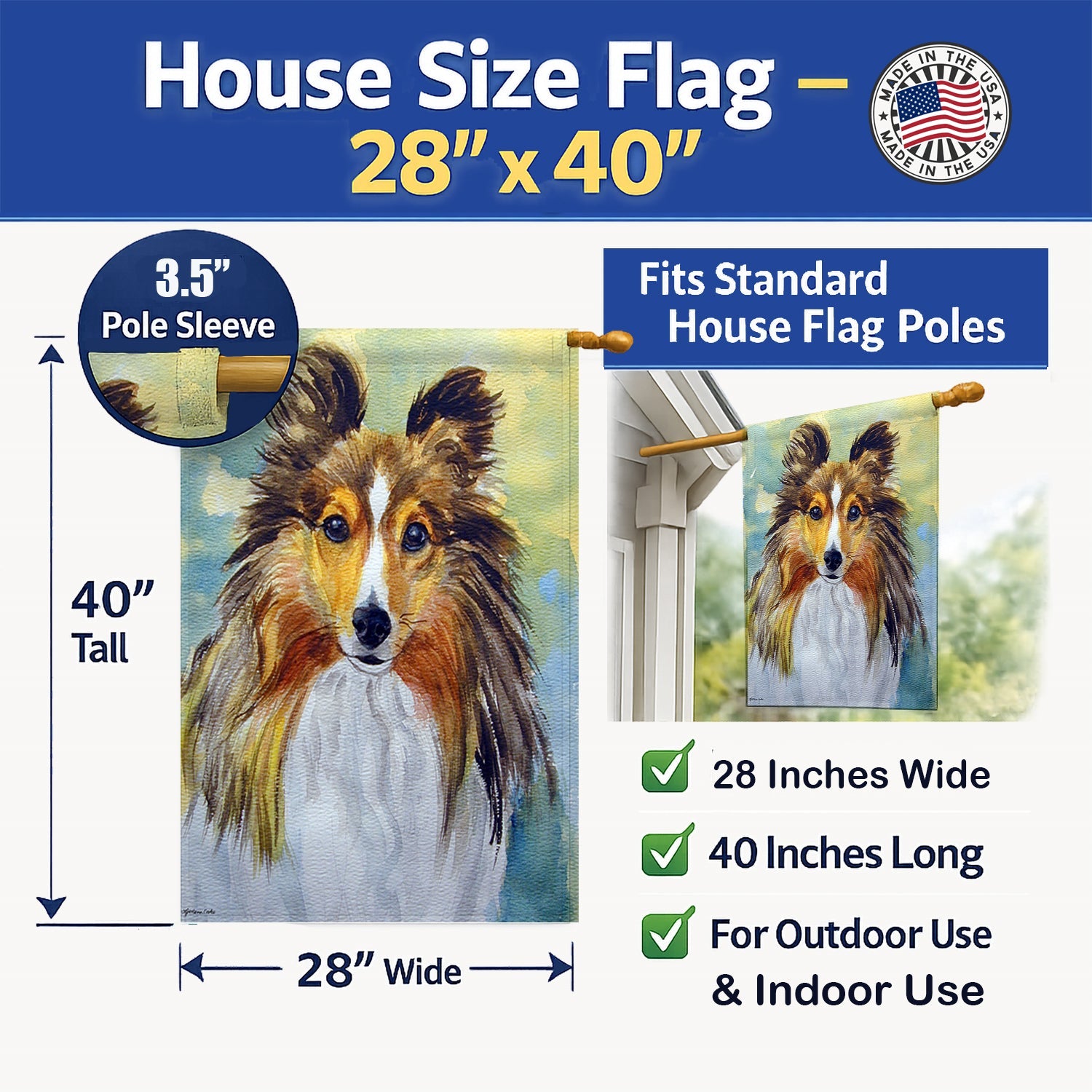 Sheltie Toby House Flag 28x40 Porch Sleeve Pole Decorative Outside Yard Banner Artwork Wall Hanging, Polyester
