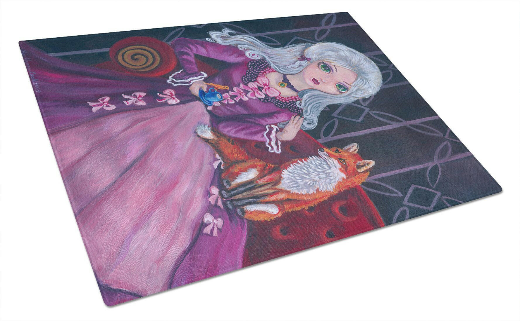 Tea Time Fox Cutting Board Tempered Glass Kitchen Cutting Surface, Heat Resistant Chopping, Non-Slip Feet, Food Prep & Serving