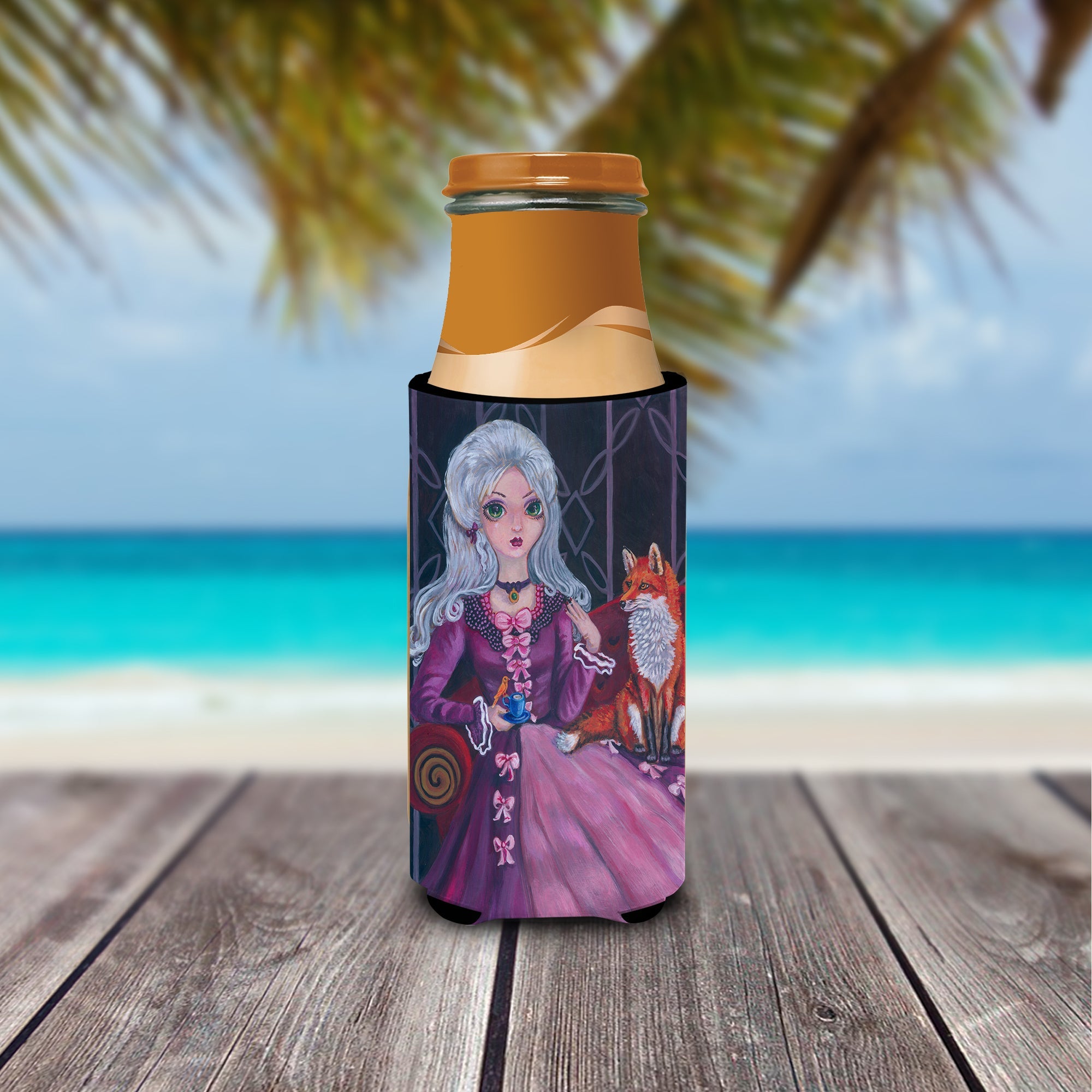 Tea Time Fox Slim Can Hugger , Insulated Foam Hugger for 12 oz Slim Cans, Beer Bottles & Water Bottles, Printed in USA