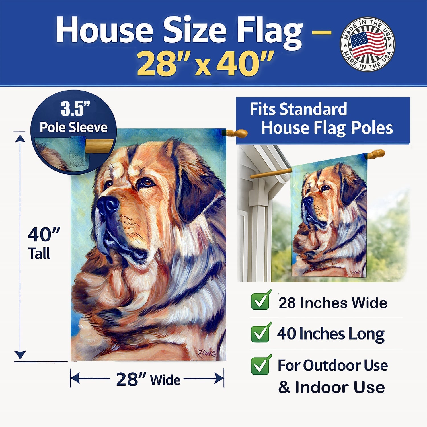 Tibetan Mastiff House Flag 28x40 Porch Sleeve Pole Decorative Outside Yard Banner Artwork Wall Hanging, Polyester