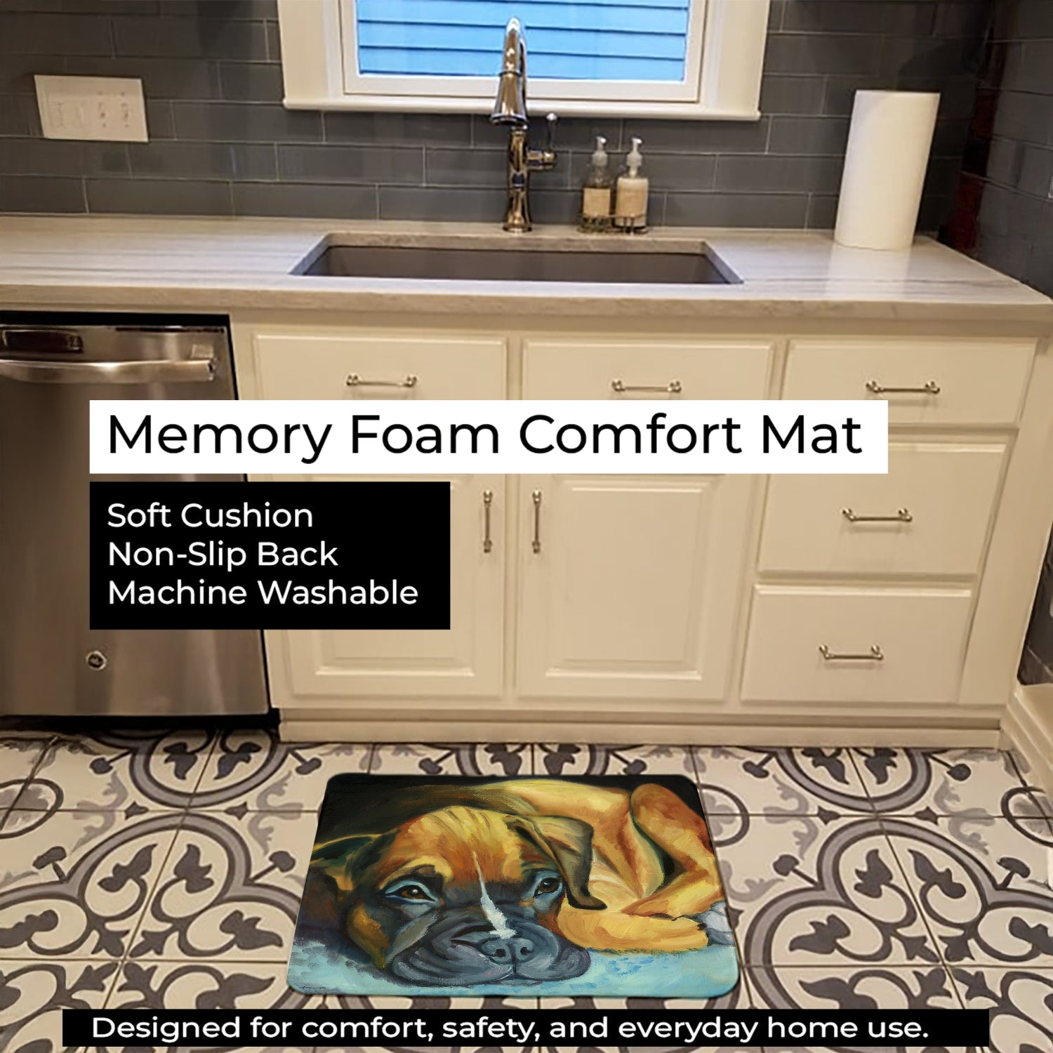Boxer Pup Memory Foam Kitchen Mat Machine Washable Anti-Fatigue Cushion Comfort Bath or Kitchen Rug