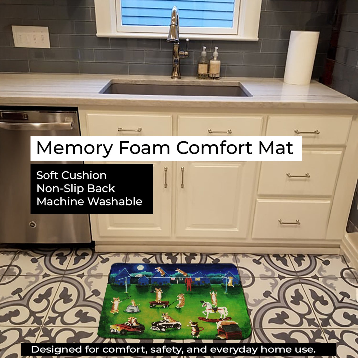 Corgi Backyard Circus Memory Foam Kitchen Mat Machine Washable Anti-Fatigue Cushion Comfort Bath or Kitchen Rug