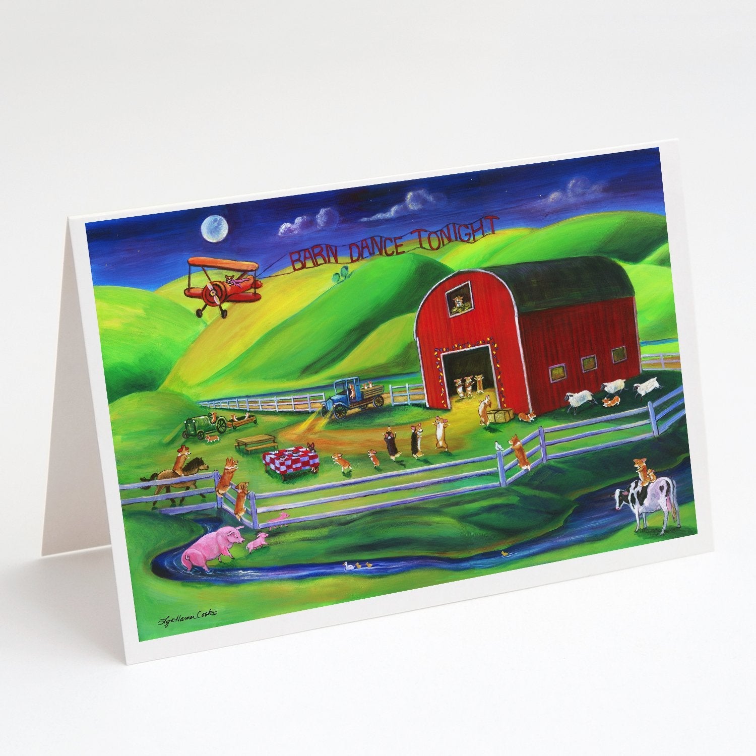 Corgi Barn Dance Greeting Cards Pack of 8 Blank Cards with Envelopes Whimsical A7 Size 5x7