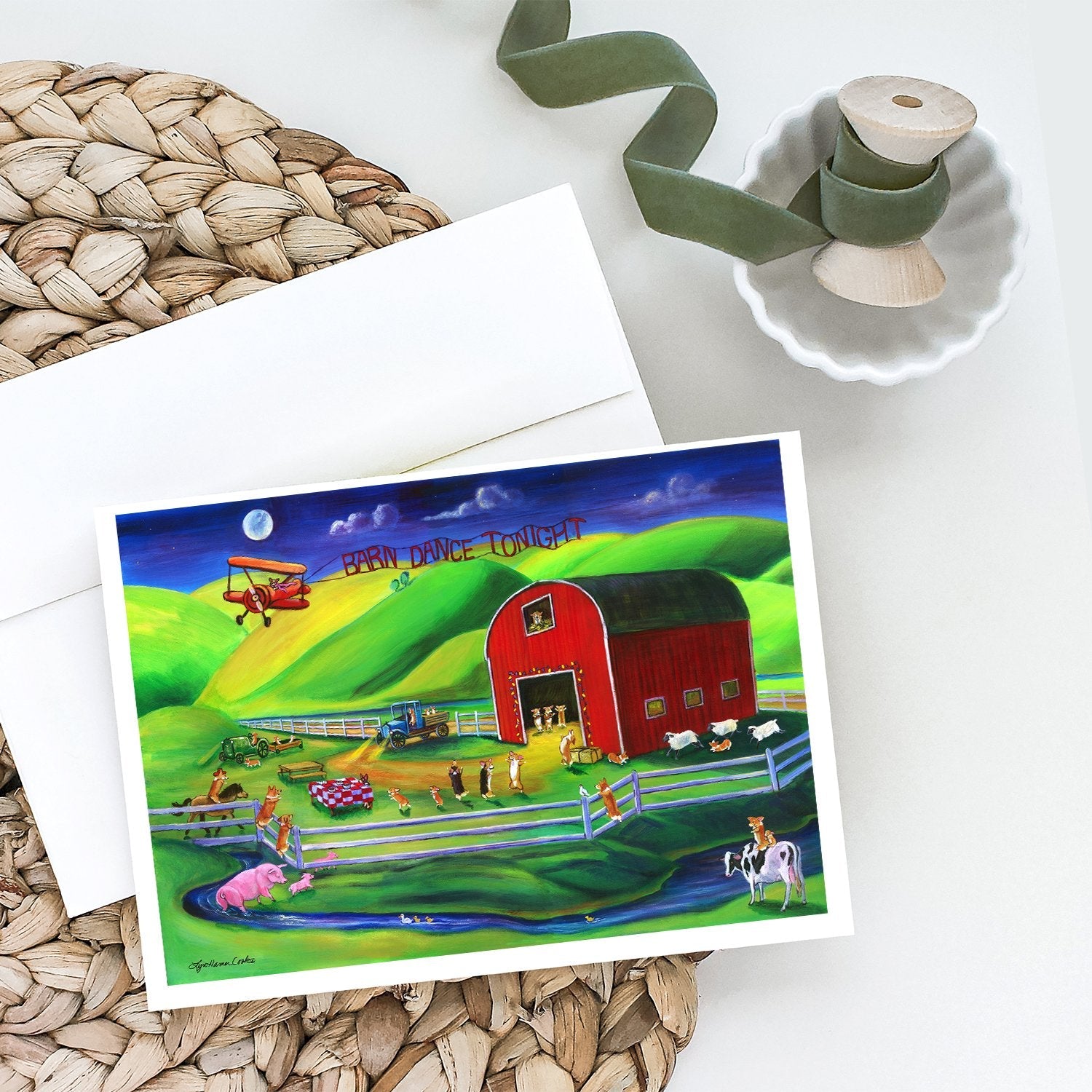Corgi Barn Dance Greeting Cards Pack of 8 Blank Cards with Envelopes Whimsical A7 Size 5x7